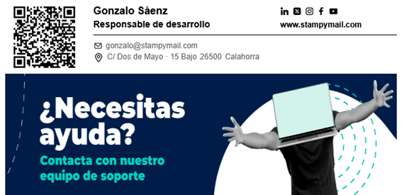 vCard de StampyMail con ejemplo de firma y banner